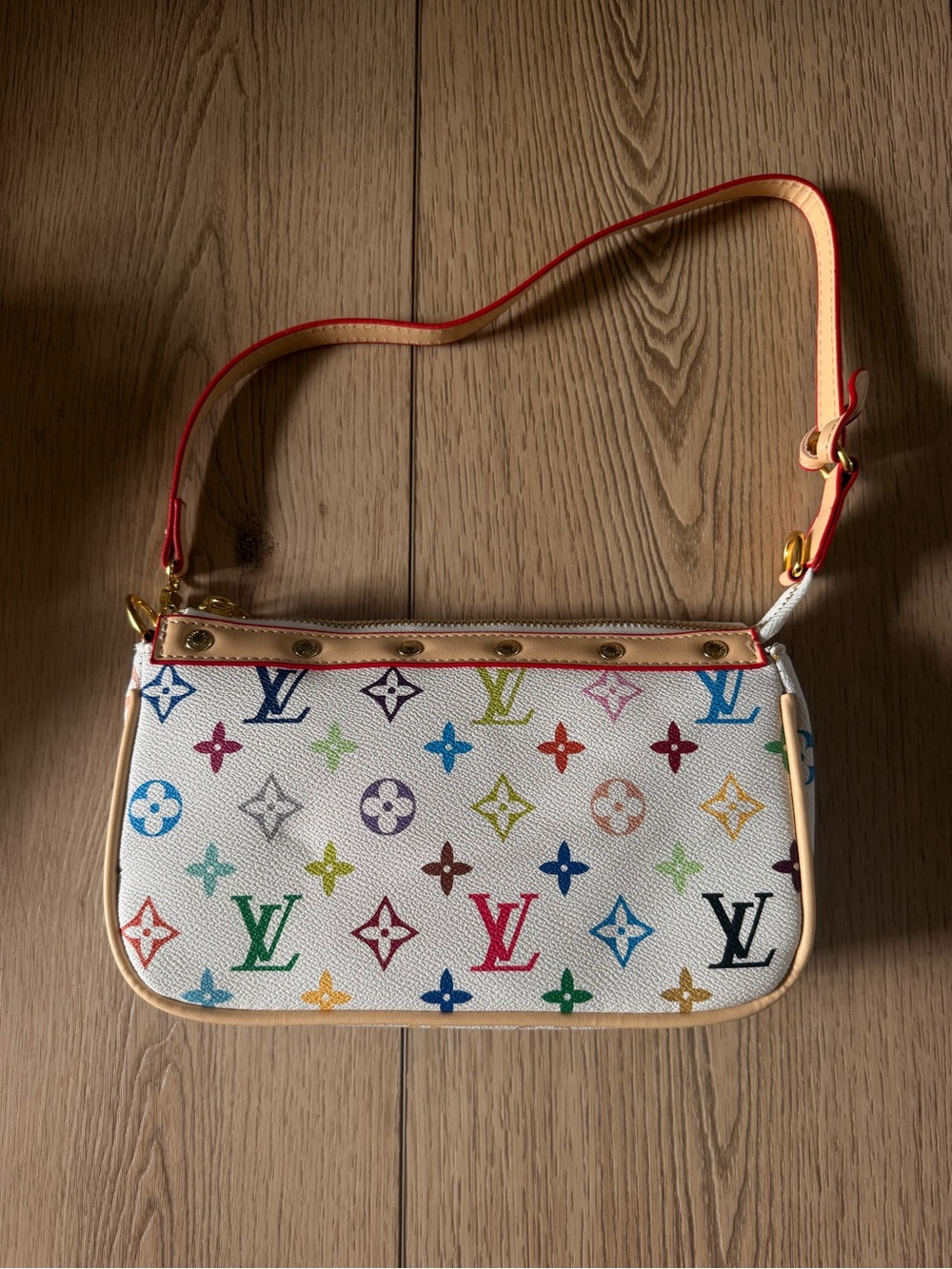 LV Multicolor Monogram Small Pochette Bag - White with Red Trim
